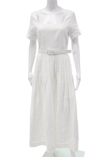 Paola Zuin Womens White Linen Shift Dress Short Sleeve Mid Calf Size 40