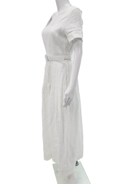 Paola Zuin Womens White Linen Shift Dress Short Sleeve Mid Calf Size 40