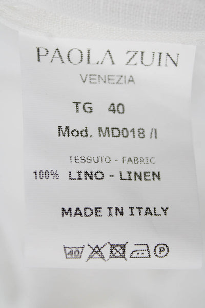 Paola Zuin Womens White Linen Shift Dress Short Sleeve Mid Calf Size 40