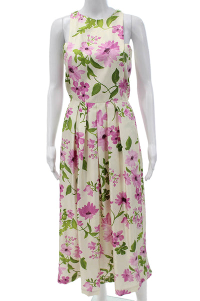 Paola Zuin Women Fit & Flare Floral Silk High Neck Sleeveless Zip Dress Size 40