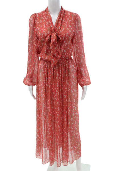 Paola Zuin Womens Red Silk Floral Collared Maxi Dress Long Sleeve Size 40