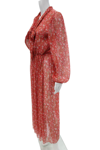 Paola Zuin Womens Red Silk Floral Collared Maxi Dress Long Sleeve Size 40