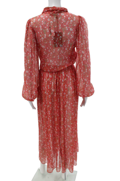 Paola Zuin Womens Red Silk Floral Collared Maxi Dress Long Sleeve Size 40
