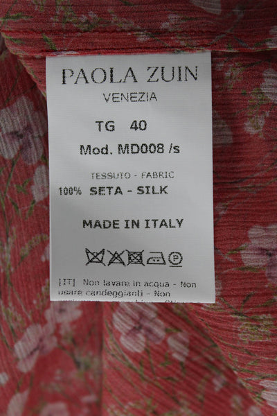 Paola Zuin Womens Red Silk Floral Collared Maxi Dress Long Sleeve Size 40
