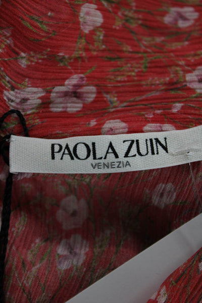 Paola Zuin Womens Red Silk Floral Collared Maxi Dress Long Sleeve Size 40