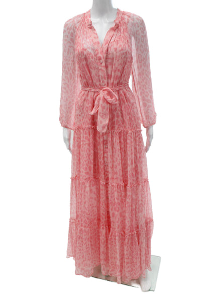 Paola Zuin Women Maxi Dress Pink Silk V-Neck Long Sleeve Size 40
