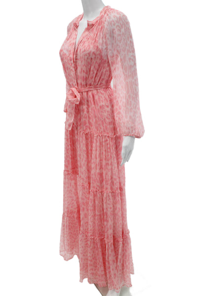 Paola Zuin Women Maxi Dress Pink Silk V-Neck Long Sleeve Size 40