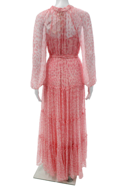 Paola Zuin Women Maxi Dress Pink Silk V-Neck Long Sleeve Size 40