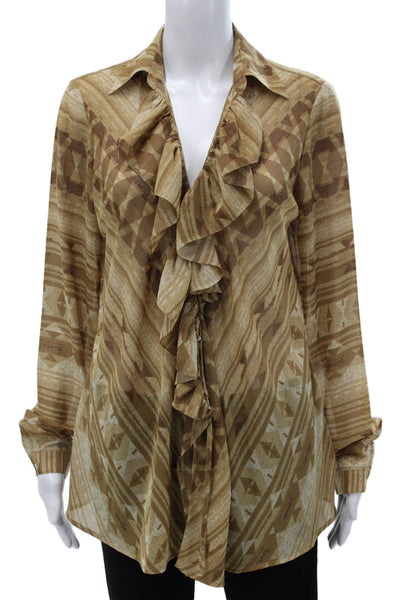 Lauren Ralph Lauren Women Tunic Blouse Beige Geometric Long Sleeve Size M