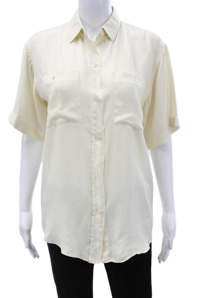 Bogner Womens Silk Blend Collared Button-Up Short Sleeve Ivory Top Size M