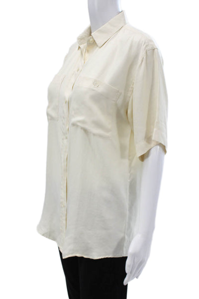 Bogner Womens Silk Blend Collared Button-Up Short Sleeve Ivory Top Size M
