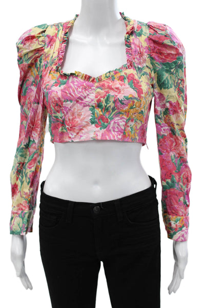 Zara Women Cropped Blouse Multicolor Floral Square Neck Long Sleeve Size XS