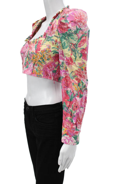 Zara Women Cropped Blouse Multicolor Floral Square Neck Long Sleeve Size XS