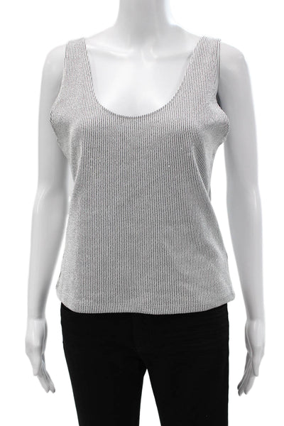 Zara Women Ribbed Knit Striped Metallic Scoop Neck Tank Silver Size L