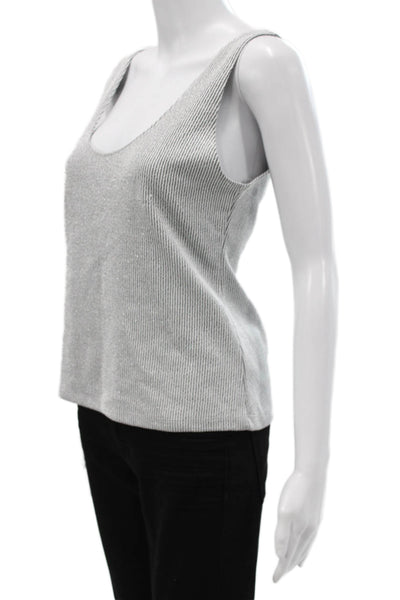 Zara Women Ribbed Knit Striped Metallic Scoop Neck Tank Silver Size L