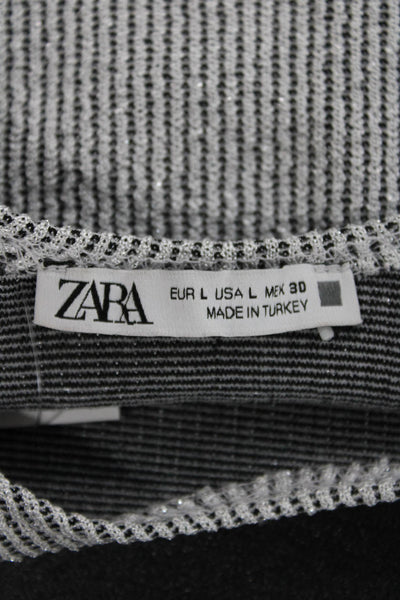 Zara Women Ribbed Knit Striped Metallic Scoop Neck Tank Silver Size L