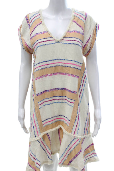 Holding Horses Women Shift Dress Ivory Striped V-Neck Short Sleeve Size M