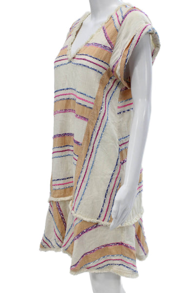Holding Horses Women Shift Dress Ivory Striped V-Neck Short Sleeve Size M