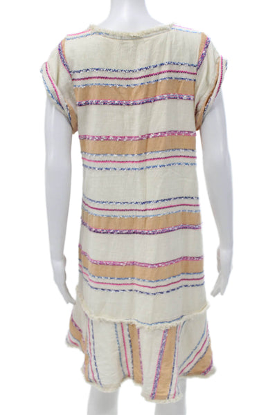 Holding Horses Women Shift Dress Ivory Striped V-Neck Short Sleeve Size M