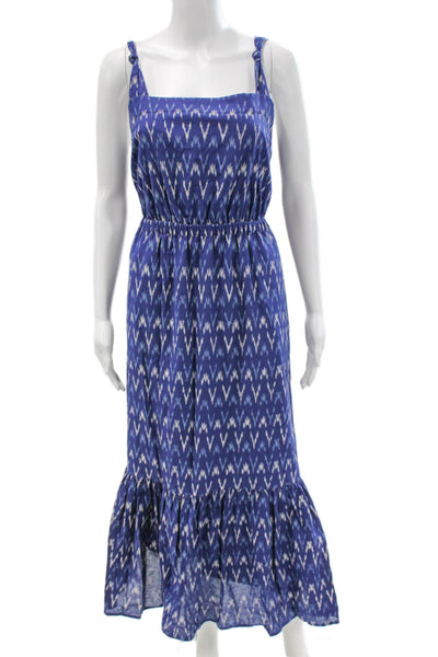 J Crew Women Maxi Dress Blue Geometric Cotton Square Neck Sleeveless Size 6