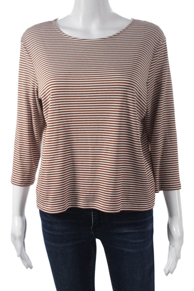Theory Womens T-Shirt Brown Striped Boat Neck 3/4 Sleeve Poly Blend Size S