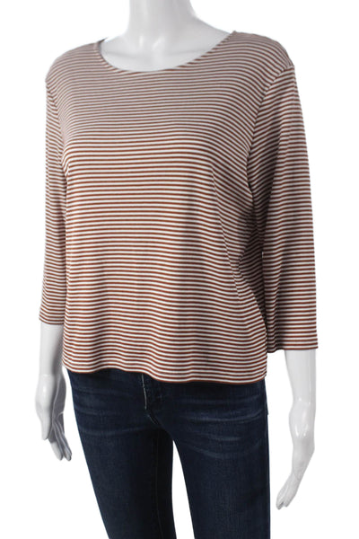 Theory Womens T-Shirt Brown Striped Boat Neck 3/4 Sleeve Poly Blend Size S