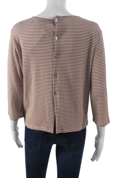 Theory Womens T-Shirt Brown Striped Boat Neck 3/4 Sleeve Poly Blend Size S