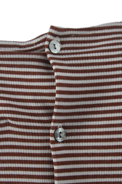 Theory Womens T-Shirt Brown Striped Boat Neck 3/4 Sleeve Poly Blend Size S