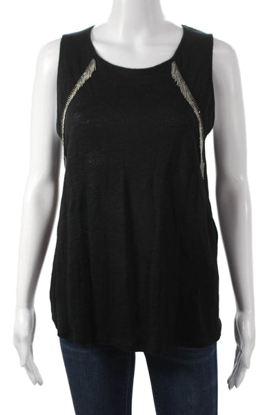 Maje Women Black Linen Sleeveless Basic Tank Round Neck Size 3