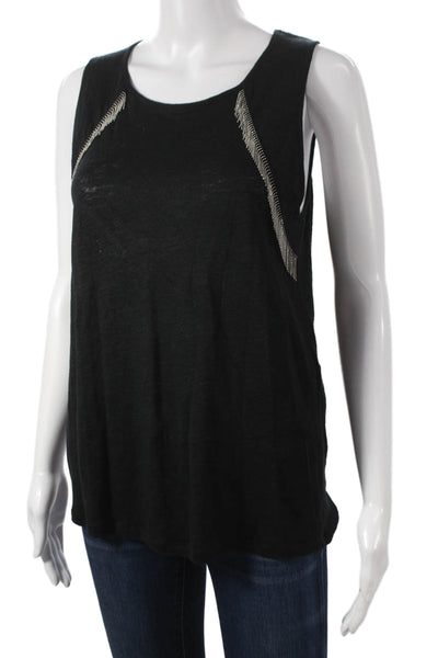 Maje Women Black Linen Sleeveless Basic Tank Round Neck Size 3