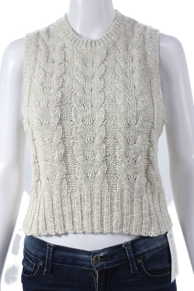 James Perse Women Cable Knit Sleeveless Tank Crewneck Beige Cotton Blend Size 0