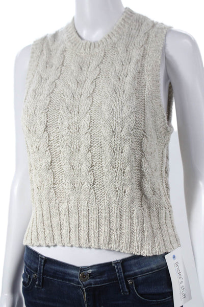 James Perse Women Cable Knit Sleeveless Tank Crewneck Beige Cotton Blend Size 0