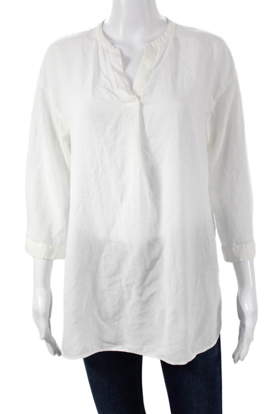 Uniqlo Women White Rayon Blend V-Neck Tunic Blouse 3/4 Sleeve Size M