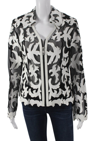 Natto Women Black Leather Floral Zip Long Sleeve Basic Jacket Size S