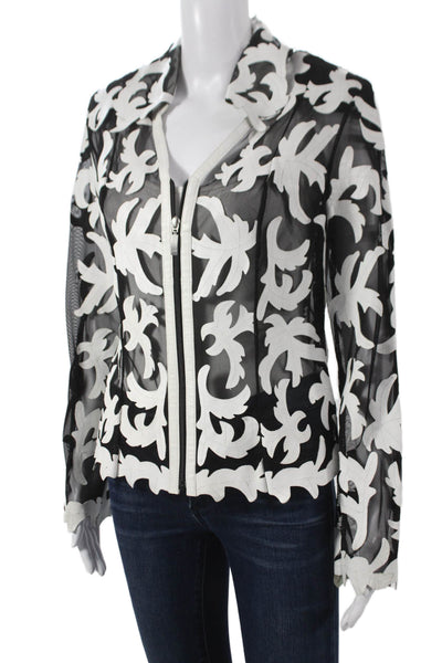 Natto Women Black Leather Floral Zip Long Sleeve Basic Jacket Size S