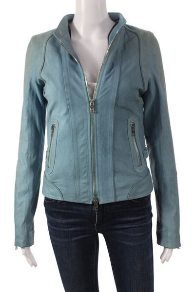 Shari's Place Women Blue Suede Basic Biker Jacket Zip Long Sleeve Size 2