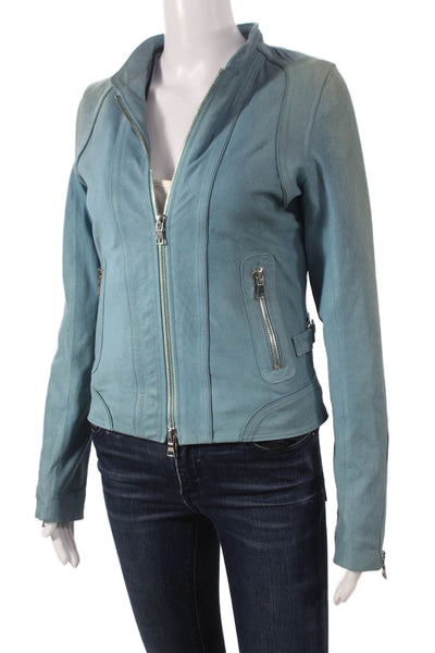 Shari's Place Women Blue Suede Basic Biker Jacket Zip Long Sleeve Size 2
