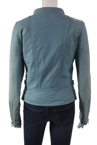 Shari's Place Women Blue Suede Basic Biker Jacket Zip Long Sleeve Size 2