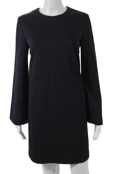 Sharis Women Shift Dress Blue Long Sleeve Round Neck Viscose Size 40