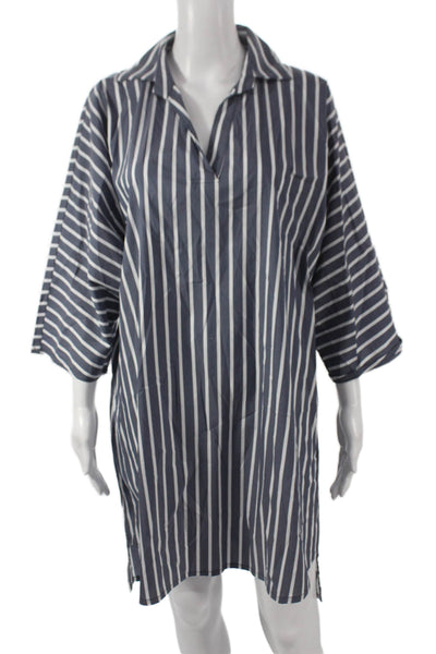 Sharis Unisex Adults Shirt Dress Blue Collared Striped 3/4 Sleeve Size 42