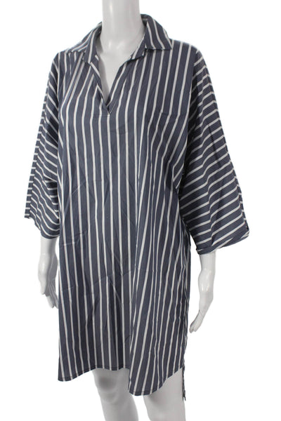 Sharis Unisex Adults Shirt Dress Blue Collared Striped 3/4 Sleeve Size 42