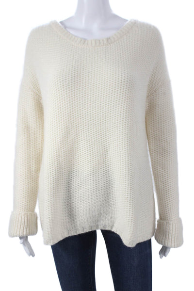 Designer Womens Cashmere Pullover Sweater Ivory Round Neck Long Sleeve Size S