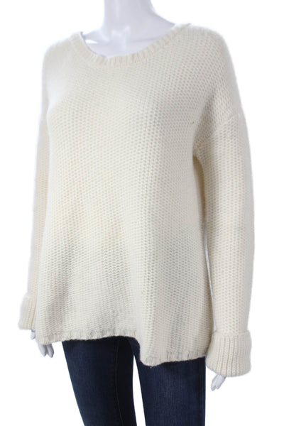 Designer Womens Cashmere Pullover Sweater Ivory Round Neck Long Sleeve Size S