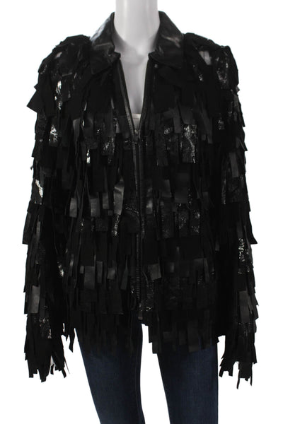 Natto Unisex Adults Fringe Genuine Lamb Leather Jacket Black Zip Rock Size S