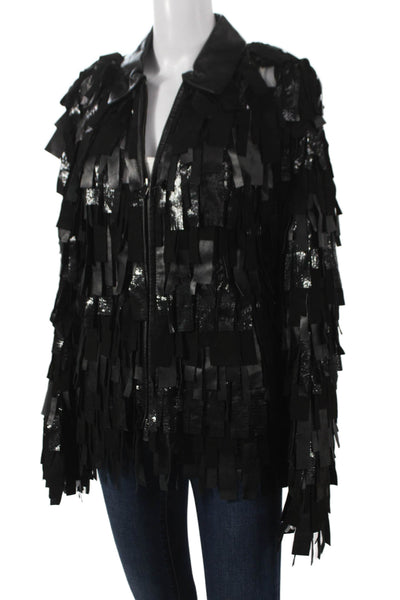Natto Unisex Adults Fringe Genuine Lamb Leather Jacket Black Zip Rock Size S