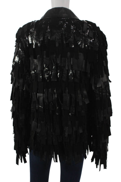 Natto Unisex Adults Fringe Genuine Lamb Leather Jacket Black Zip Rock Size S