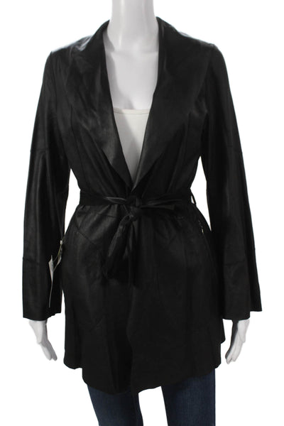 In Transit Unisex Trench Coat Black Genuine Lamb Leather Tie Waist Size XS