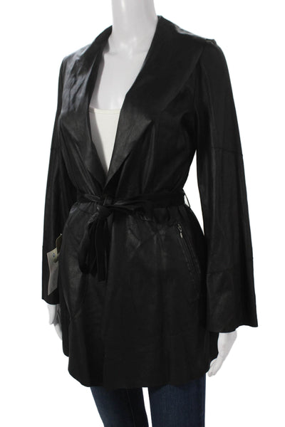 In Transit Unisex Trench Coat Black Genuine Lamb Leather Tie Waist Size XS