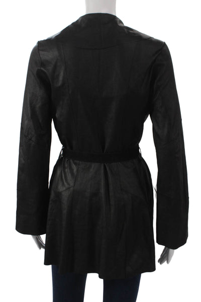 In Transit Unisex Trench Coat Black Genuine Lamb Leather Tie Waist Size XS