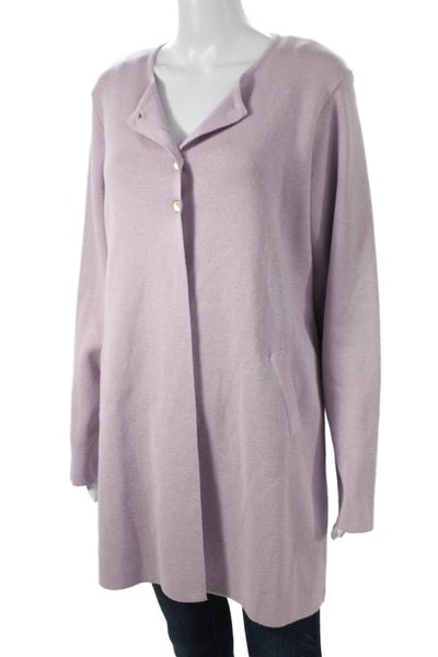 Jennifer T Womens Purple Solid Cotton Blend Overcoat Button Long Sleeve Size L